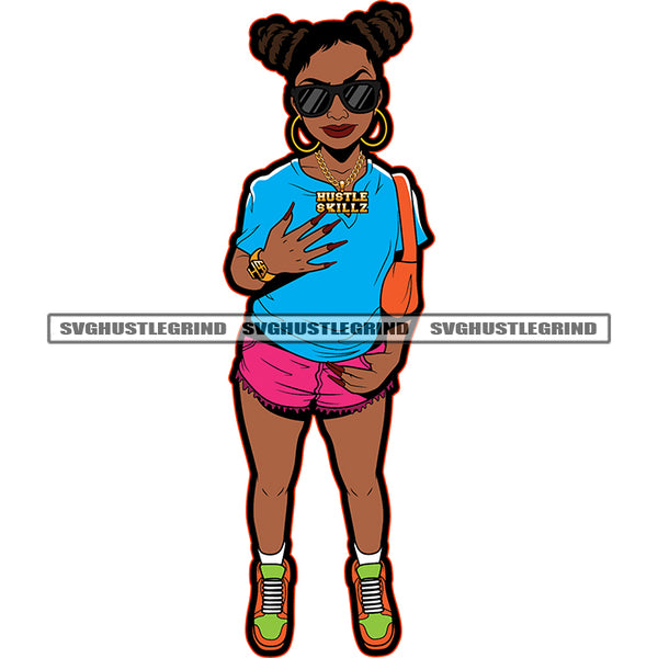 Afro Lola Boss Lady Melanin Wearing Heart Design Sunglass Curly Hair Style Long Nail Vector Half Pant White Background SVG JPG PNG Vector Clipart Cricut Cutting Files