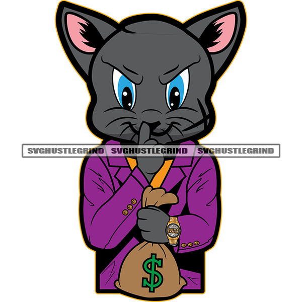 Gangster Scarface Cat Holding Money Bag White Background Shut Up Hand Sign Lola Savage Smile Face Design Element SVG JPG PNG Vector Clipart Cricut Cutting Files