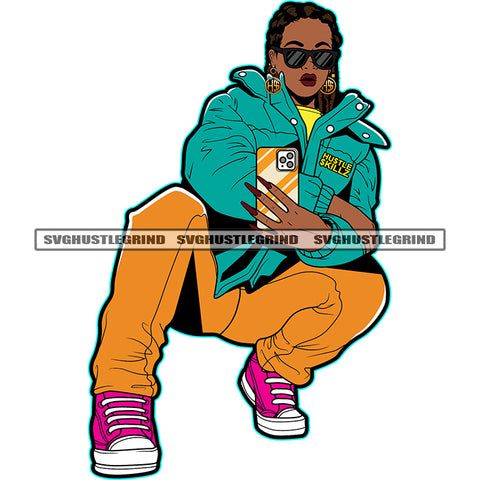 Afro Woman Holding Phone Vector Melanin Woman Wearing Sunglass Long Nail Selfie Pose White Background Gangster Woman SVG JPG PNG Vector Clipart Cricut Cutting Files