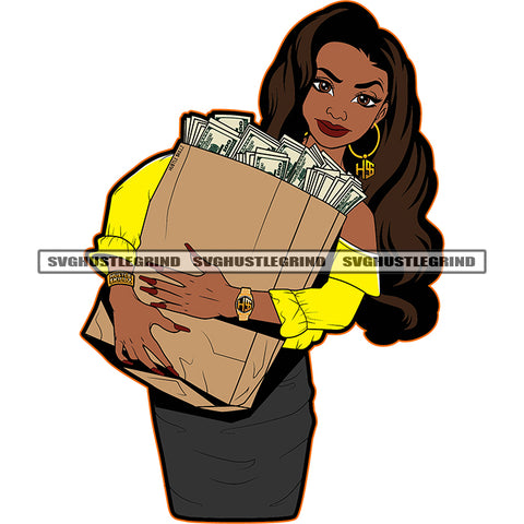 Beautiful Afro Black Woman To Carry Money Bag Vector Long Hair Style African Woman White Background Long Nail Vector Full Load Money SVG JPG PNG Vector Clipart Cricut Cutting Files