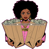 Beautiful Afro Black Woman To Carry Double Money Bag Vector Long Hair Style African Woman White Background Long Nail Vector Full Load Money SVG JPG PNG Vector Clipart Cricut Cutting Files