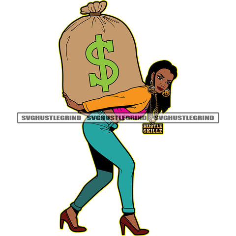 Beautiful Afro Black Woman Standing To Carry Money Bag Vector Long Hair Style African Woman White Background Long Nail Vector Full Load Money SVG JPG PNG Vector Clipart Cricut Cutting Files