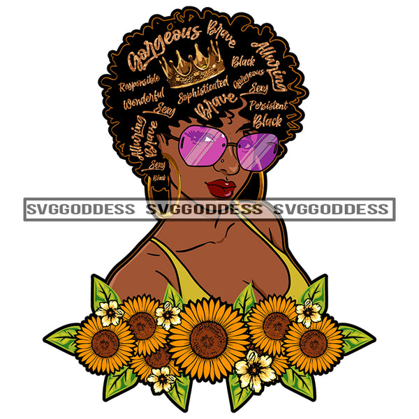 Black Woman With Words In Hair Sunflowers SVG JPG PNG Vector Clipart Cricut Silhouette Cut Cutting