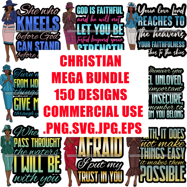 Mega Bundle 150 Christian Designs God Lord Quotes Bible Verse Holly Worship Positive Quotes Designs For Sublimation Cutting Files SVG Layered Designs PNG JPG Cricut Silhouette