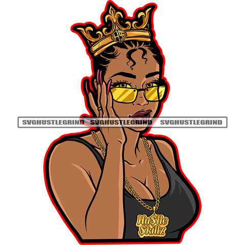 Beautiful Black Melanin Queen Face Design Element Curly Hair Style Long Nail Vector Crown On Head Wearing T-Shirt White Background SVG JPG PNG Vector Clipart Cricut Cutting Files