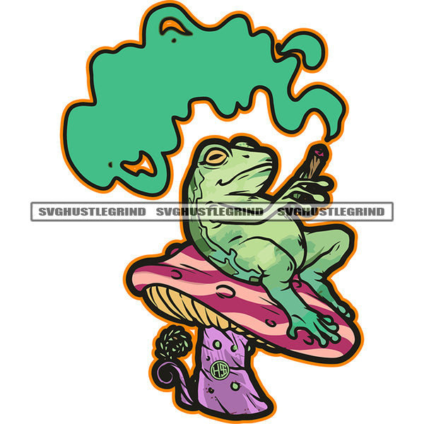 Smoking Frog Art Work Design Element Frog Sitting On Mushroom Vector White Background Weed Marijuana Design Color Smoke SVG JPG PNG Vector Clipart Cricut Cutting Files