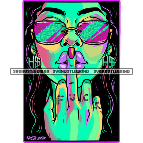 Melanin Vibes Colorful Artwork Woman Vector Middle Finger Hand Sign Design Element Afro Woman Wearing Sunglass Black Background SVG JPG PNG Vector Clipart Cricut Cutting Files