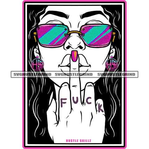 Melanin Woman Showing Middle Finger Fuck Quote On Finger Afro Woman Wearing Sunglass Color Line Artwork Design Element SVG JPG PNG Vector Clipart Cricut Cutting Files
