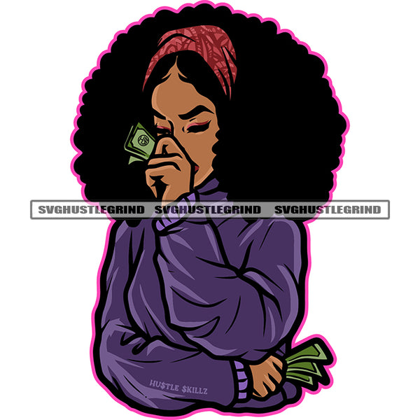 Melanin Woman Holding Cash Money Afro Big Hair Style Vector White Background Blue Color Dress Wearing SVG JPG PNG Vector Marijuana Weed Red Color Line Clipart Cricut Cutting Files