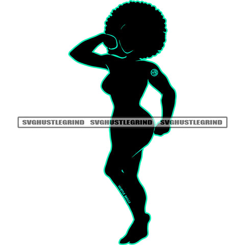 Silhouette Melanin Vibes Personalized Female Afro Woman Standing Design Element Black Color Body Design Silhouette White Background Afro Big Hair Style SVG JPG PNG Vector Clipart Cricut Cutting Files