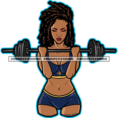 Melanin Bodybuilder Woman Holding Weight Vector Locus Hair Style Design Element Afro Woman Wearing Gym Dress White Background Close Eye Fitness Woman SVG JPG PNG Vector Clipart Cricut Cutting Files