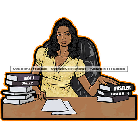 Melanin Office Employer Woman Sitting On Office Chair Lot Of Book On Table Vector Red Color Line Curly Hair Style White Background Sexy Pose Woman SVG JPG PNG Vector Clipart Cricut Cutting Files