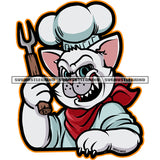 Gangster Evil Cat Chef Wearing Hat Fork Neck Bandana Hand Holding Eat Kitten Feline Cartoon Abstract Art Grind Design Element White Background SVG JPG PNG Vector Clipart Cricut Cutting Files