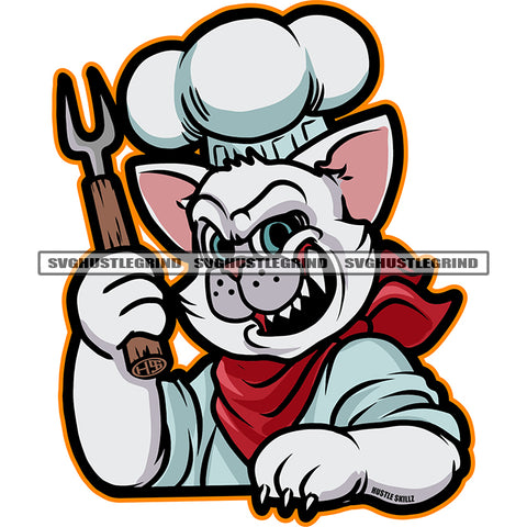 Gangster Evil Cat Chef Wearing Hat Fork Neck Bandana Hand Holding Eat Kitten Feline Cartoon Abstract Art Grind Design Element White Background SVG JPG PNG Vector Clipart Cricut Cutting Files