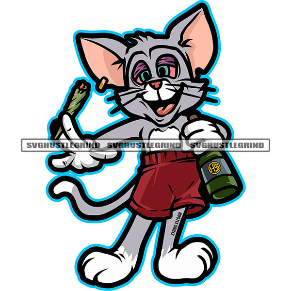 Gangster Cat Holding Drink Bottle And Smoking Weed And Marijuana Color Design Element Smile Face Vector White Background SVG JPG PNG Vector Clipart Cricut Cutting Files