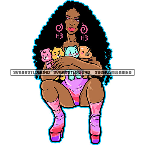 African American Woman Sitting Design Element Nubian Woman Holding Doll Toy Curly Hair Style White Background Wearing Bikini SVG JPG PNG Vector Clipart Cricut Cutting Files