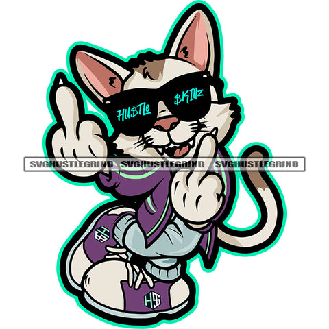 Gangster Cat Standing Middle Finger Hand Sign Vector Cat Wearing Sunglass Smile Face Cat Color Body Design Element White Background Color Body SVG JPG PNG Vector Clipart Cricut Cutting Files