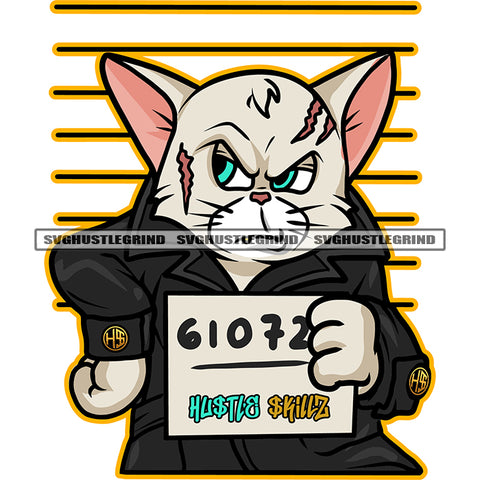 61072 Quote Gangster Scarface Cat Standing Police Station Vector Cat Hand Holding Banner Design Element Angry Face Cat White Background Number Line SVG JPG PNG Vector Clipart Cricut Cutting Files