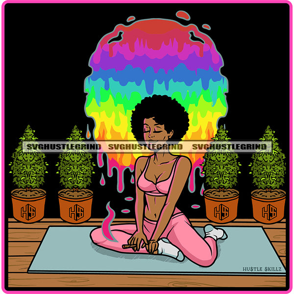 Gangster Melanin Woman Sitting On Yoga Position Color Art Work Background Weed And Marijuana Tree On Pot Smoking Color Design Element SVG JPG PNG Vector Clipart Cricut Cutting Files