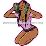 Melanin Woman Holding Money Vector Afro Woman Sitting Curly Hair Style Sexy Body Tongue Out Of Mouth White Background SVG JPG PNG Vector Clipart Cricut Cutting Files
