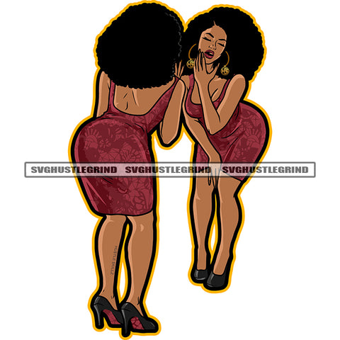 Melanin Woman Standing On Mirror Vector Afro Big Hair Style Design Element Melanin Woman Sexy Pose White Background Wearing Big Boom Ear Ring SVG JPG PNG Vector Clipart Cricut Cutting Files
