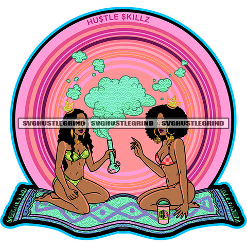 Melanin Woman Sitting On Mat Vector Smoking Weed And Marijuana Color Smoke Design Element Afro Hair Style Crown On Head Woman Wearing Bikini Colorful Background SVG JPG PNG Vector Clipart Cricut Cutting Files