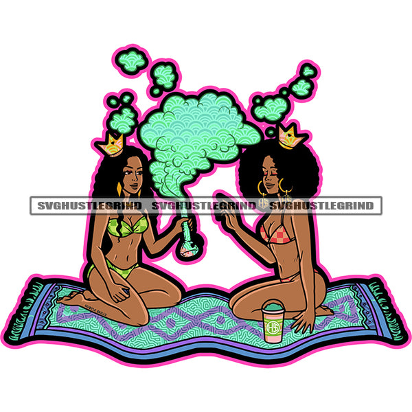 Melanin Woman Sitting On Mat Vector Smoking Weed And Marijuana Color Smoke Design Element Afro Hair Style Crown On Head Woman Wearing Bikini White Background SVG JPG PNG Vector Clipart Cricut Cutting Files