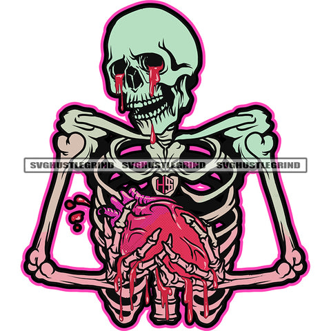 Gangster Skull Skeleton Color Body Design Element Skull Hand Holding Heart Blood Dripping Heart And Eye Vector Skull Head No Eye White Background SVG JPG PNG Vector Clipart Cricut Cutting Files
