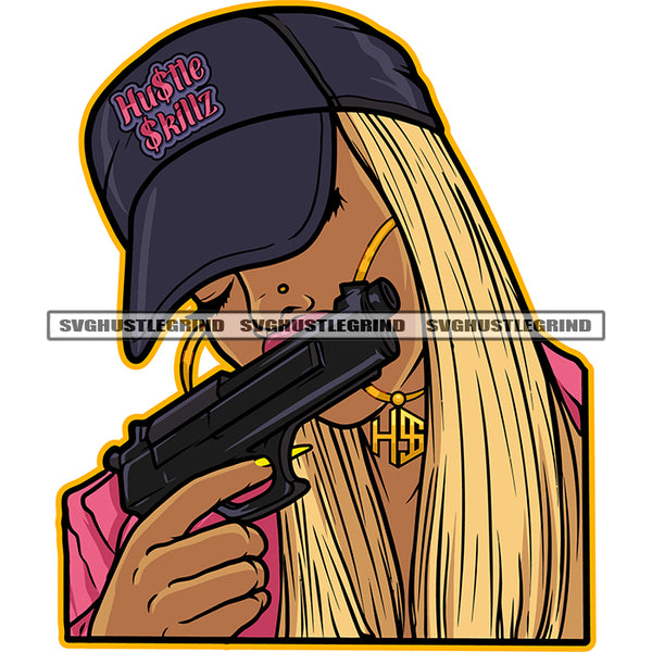 Melanin Vibes Woman Holding Gun Vector Gangster Woman Wearing Cap On Golden Hair Style Long Nail Color Body White Background Design Element SVG JPG PNG Vector Clipart Cricut Cutting Files