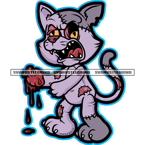 Zombie Cat Hat Holding Heart Gangster Cat Zombie Character Scarface And Body Vector Blood Dripping Design Element White Background SVG JPG PNG Vector Clipart Cricut Cutting Files
