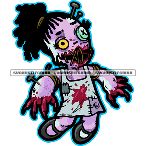 Zombie Scarface Doll Design Element Broke Head And Hand Afro Hair Style Close Eye White Background Pin On Head And hand Horror SVG JPG PNG Vector Clipart Cricut Cutting Files