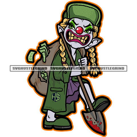 Homie Clown Standing Design Element Golden Teeth Wearing Cap Vector Money Bag Full Cash Bank Note White Background Golden Hair Angry Face SVG JPG PNG Vector Clipart Cricut Cutting Files