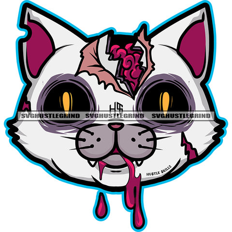 Gangster Scarface Cat Broken Head Out Of Brain Design Element Horror Devil Evil Cat Face Vector White Background Blood Dripping On Mouth SVG JPG PNG Vector Clipart Cricut Cutting Files