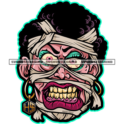 Angry Melanin Mummy Face Design Element Horror Face Devil Evil White Background Old Days Mummy Red Eyes Afro Hair Style Golden Teeth SVG JPG PNG Vector Clipart Cricut Cutting Files
