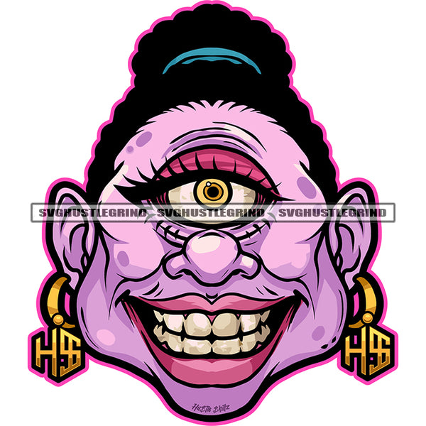 Illustration Cartoon Monster Head Design Element One Eye Monster Character Smile Face Color Head Afro Hair Style White Background Vector Color Line SVG JPG PNG Vector Clipart Cricut Cutting Files