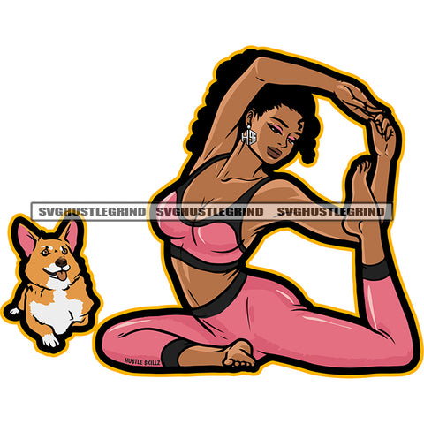 Melanin Woman Sitting On Yoga Position Vector Afro Hair Style Design Element Dog Sitting On Side White Background Wearing Gym Dress Vector SVG JPG PNG Vector Clipart Cricut Cutting Files