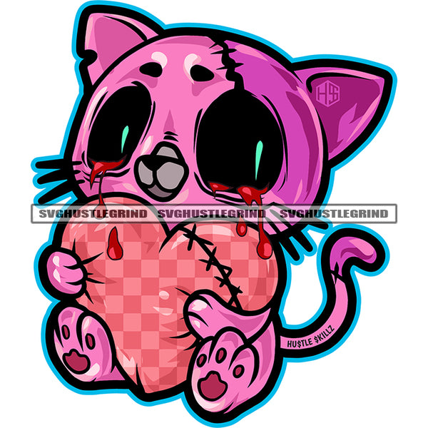 Cute Cartoon Scarface Cat Holding Break Heart Design Element Depression Cute Cat Sad Face Blood Dripping On Eye Broken Hear White Background SVG JPG PNG Vector Clipart Cricut Cutting Files