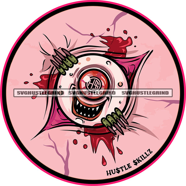 Monster Eyes Skull Hand Design Element Circle Logo Long Nail Color Design Blood Dripping Red Ball And Teeth White Background SVG JPG PNG Vector Clipart Cricut Cutting Files