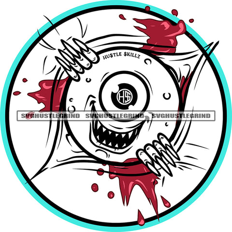 Monster Eyes Skull Hand Design Element Black And White BW Circle Logo Long Nail Color Design Blood Dripping Red Ball And Teeth White Background SVG JPG PNG Vector Clipart Cricut Cutting Files