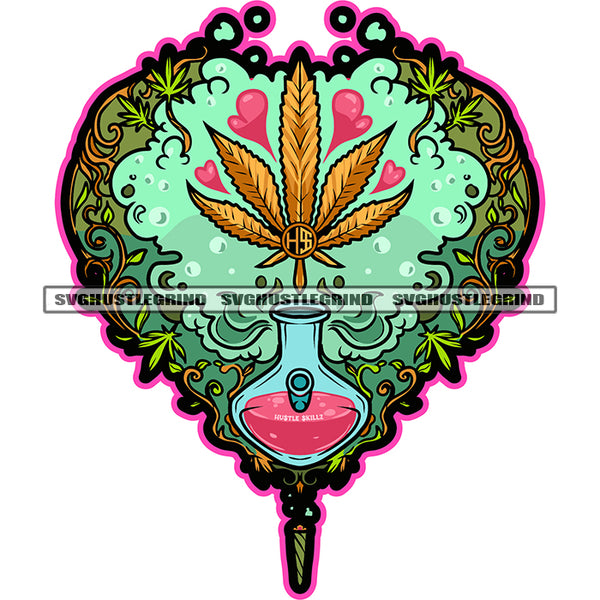 Golden Weed Leaves Hear Design Marijuana Vector Color Art Work Blood Bottle Color Line Design Smoke White Background SVG JPG PNG Vector Clipart Cricut Cutting Files