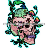 Skull Skeleton Head Design Element Frog On Skull Head Mushroom And Tree Vector No Eyes Purple Color Skull Teeth White Background SVG JPG PNG Vector Clipart Cricut Cutting Files