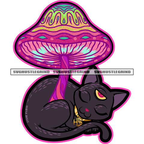 Mushroom Cat Sleeping Organic Food Hippie Psychedelic Print Colorful Groovy Logo White Background One Eye Illation Design Element SVG JPG PNG Vector Clipart Cricut Cutting Files