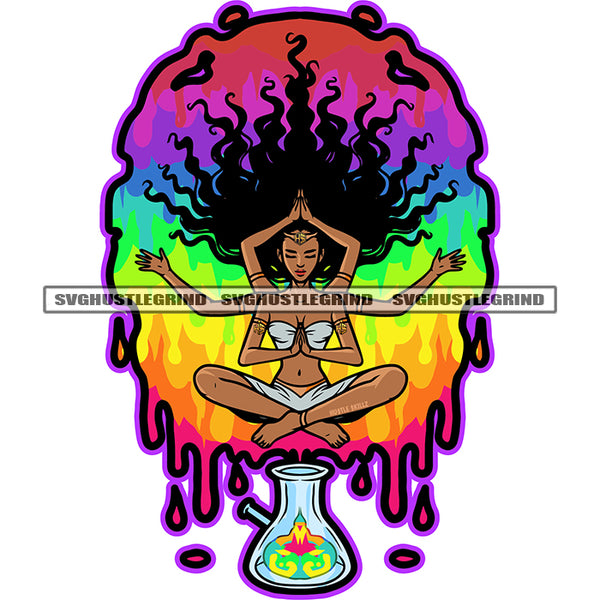Transcend The Bull Yoga Woman Smoking Weed Marijuana Colorful Art Work Design Element Illustration Afro Long Hair Style Vector SVG JPG PNG Vector Clipart Cricut Cutting Files