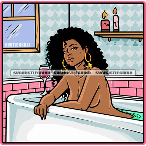 Sexy Afro Woman Sitting On Bathtub Design Element Afro Hair Style Black Beautiful Woman Wearing No Dress Colorful Background Candle  SVG JPG PNG Vector Clipart Cricut Cutting Files