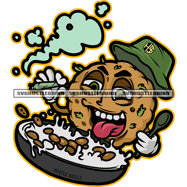 Cookies Cartoon Character Smoking Weed Marijuana Vector Wearing Hat Cookies Eat Chocolate Smoke Color Smile Face White Background SVG JPG PNG Vector Clipart Cricut Cutting Files
