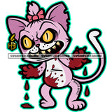 Angry Scarface Cat Feline Kitty Patches Sewn Bow Fang Growling Fight Purple Graphic Grind Design Element Blood Dripping SVG JPG PNG Vector Clipart Cricut Cutting Files