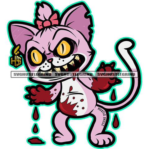 Angry Scarface Cat Feline Kitty Patches Sewn Bow Fang Growling Fight Purple Graphic Grind Design Element Blood Dripping SVG JPG PNG Vector Clipart Cricut Cutting Files
