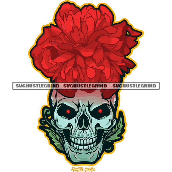 Skull Skeleton Head On Flower Design Element Skull Head Red Eyes White Background Marijuana Leave Vector Color Art Work SVG JPG PNG Vector Clipart Cricut Cutting Files