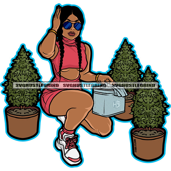 Beautiful Melanin Woman Sitting Sexy Pose Hand On Head Vector Wearing Sunglasses And Sexy Dress Side Weed Marijuana Tree White Background SVG JPG PNG Vector Clipart Cricut Cutting Files