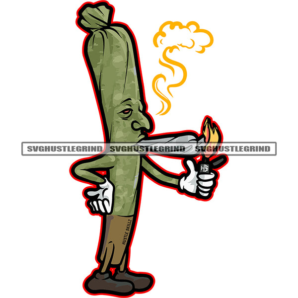 Cartoon Weed Character Smoking Marijuana Weed Vector Color Design Element Smoke And Fire White Background Funny Character SVG JPG PNG Vector Clipart Cricut Cutting Files